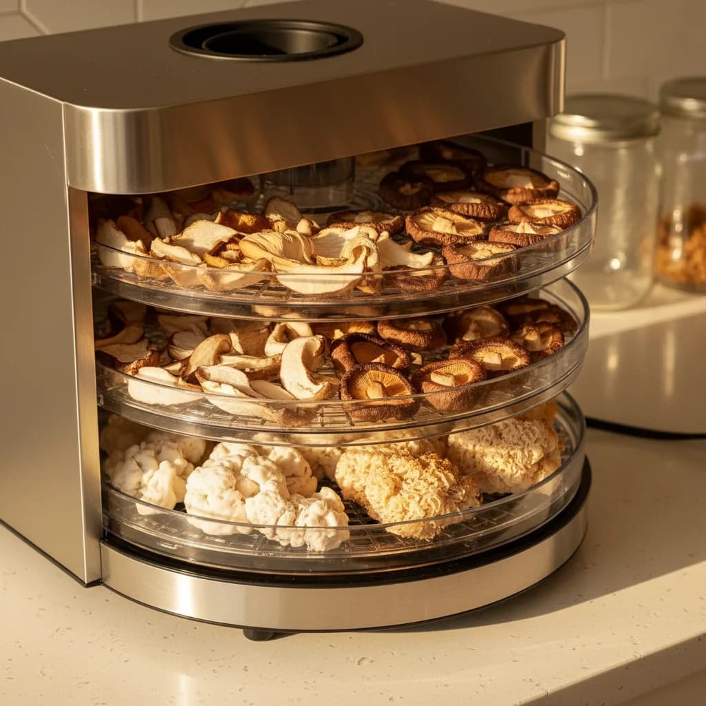 Freshly harvested mushrooms being loaded into a food dehydrator for drying