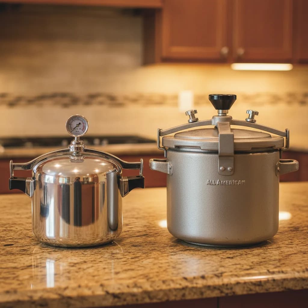 Presto and All American pressure cookers side by side on a kitchen counter with mushroom grain jars