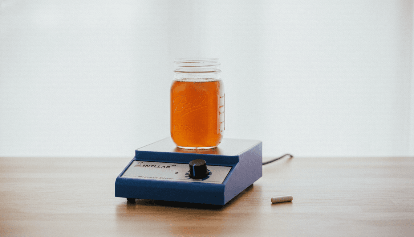 Magnetic stir plate with mason jar of honey liquid culture showing vortex from spinning stir bar