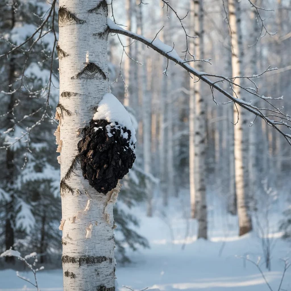 A chaga conk growing on a white birch trunk in a snowy Ontario forest