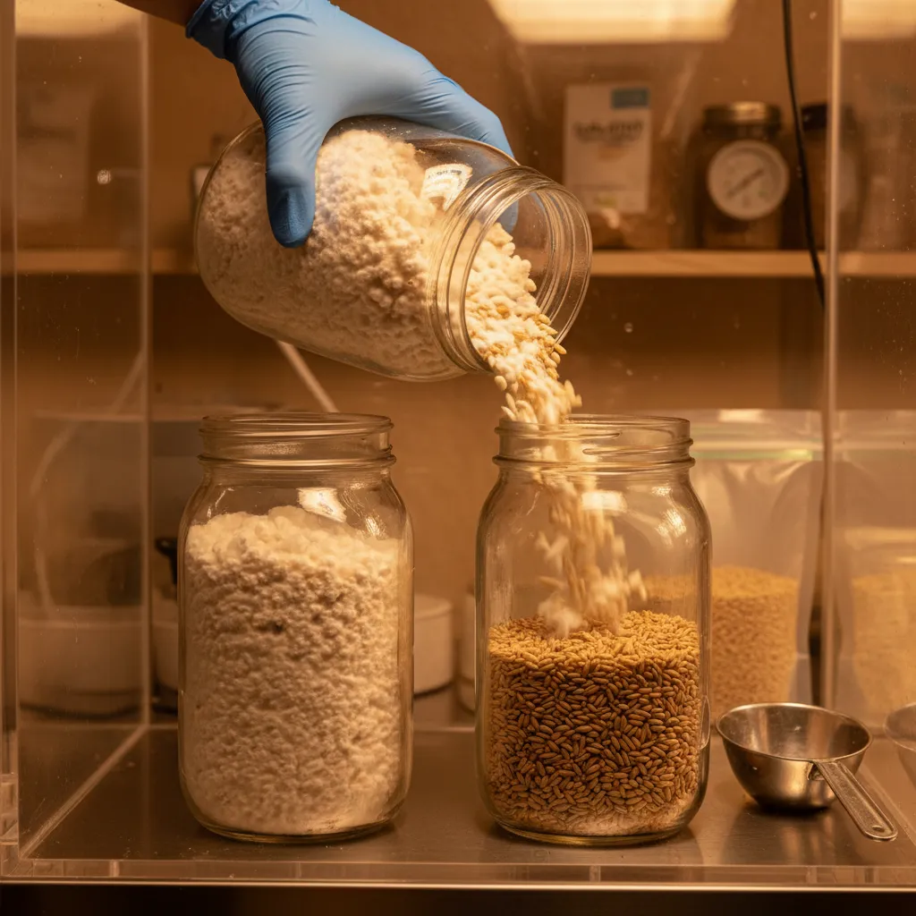 Colonized grain spawn being transferred into fresh sterilized grain jars inside a still air box
