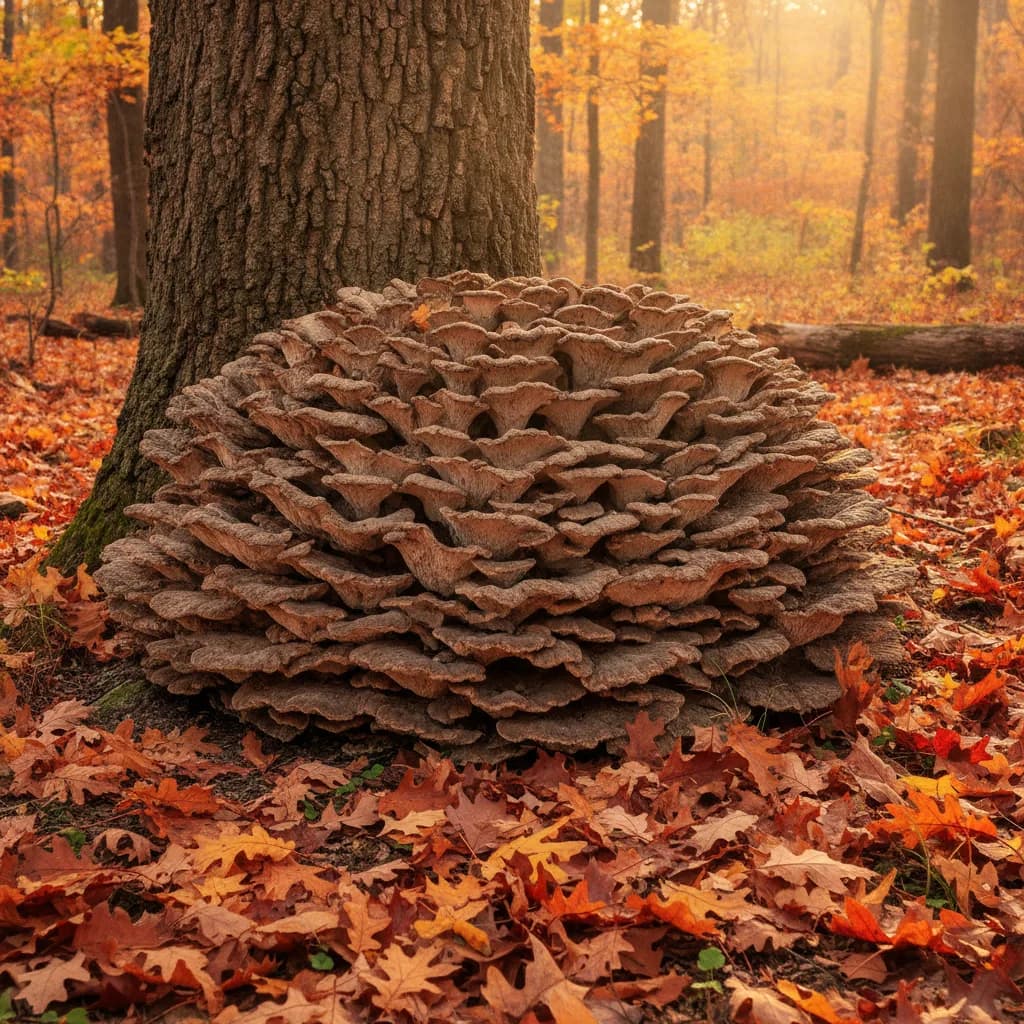 Large hen of the woods mushroom cluster with overlapping grey-brown fronds growing at the base of an oak tree