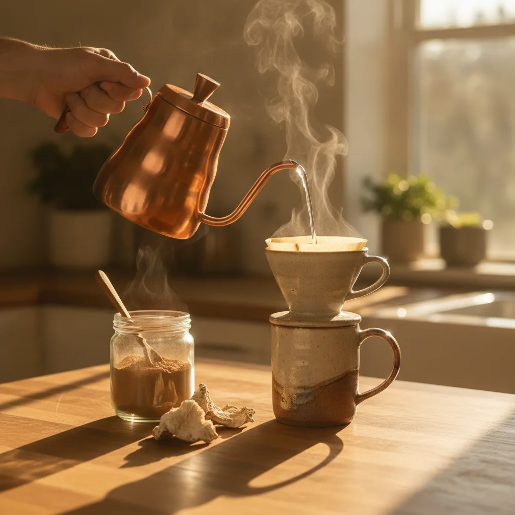 Pour-over mushroom coffee being brewed into a ceramic mug beside a jar of mushroom powder