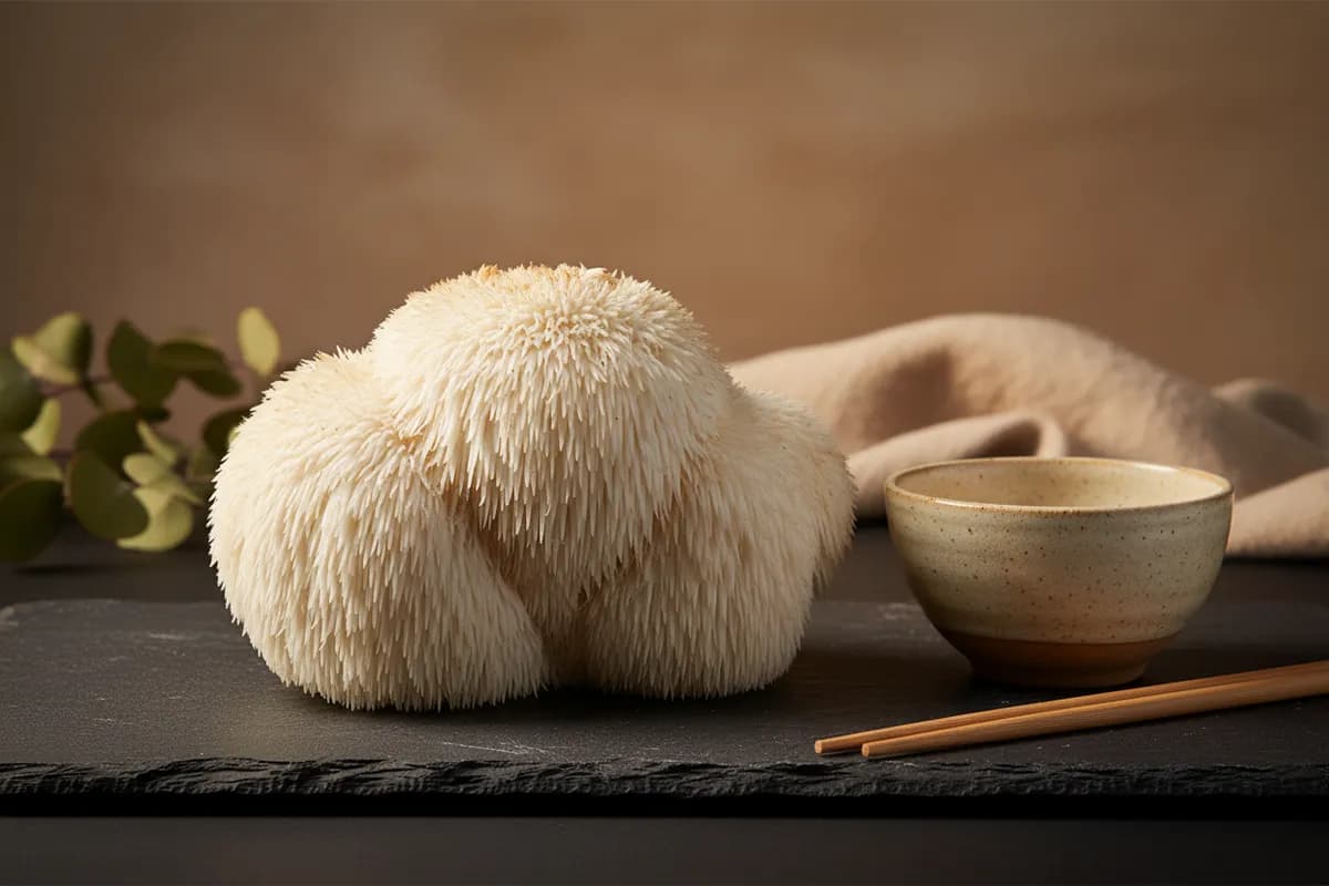 Healthy Lion's Mane mushroom fruiting with cascading white teeth from a supplemented sawdust block