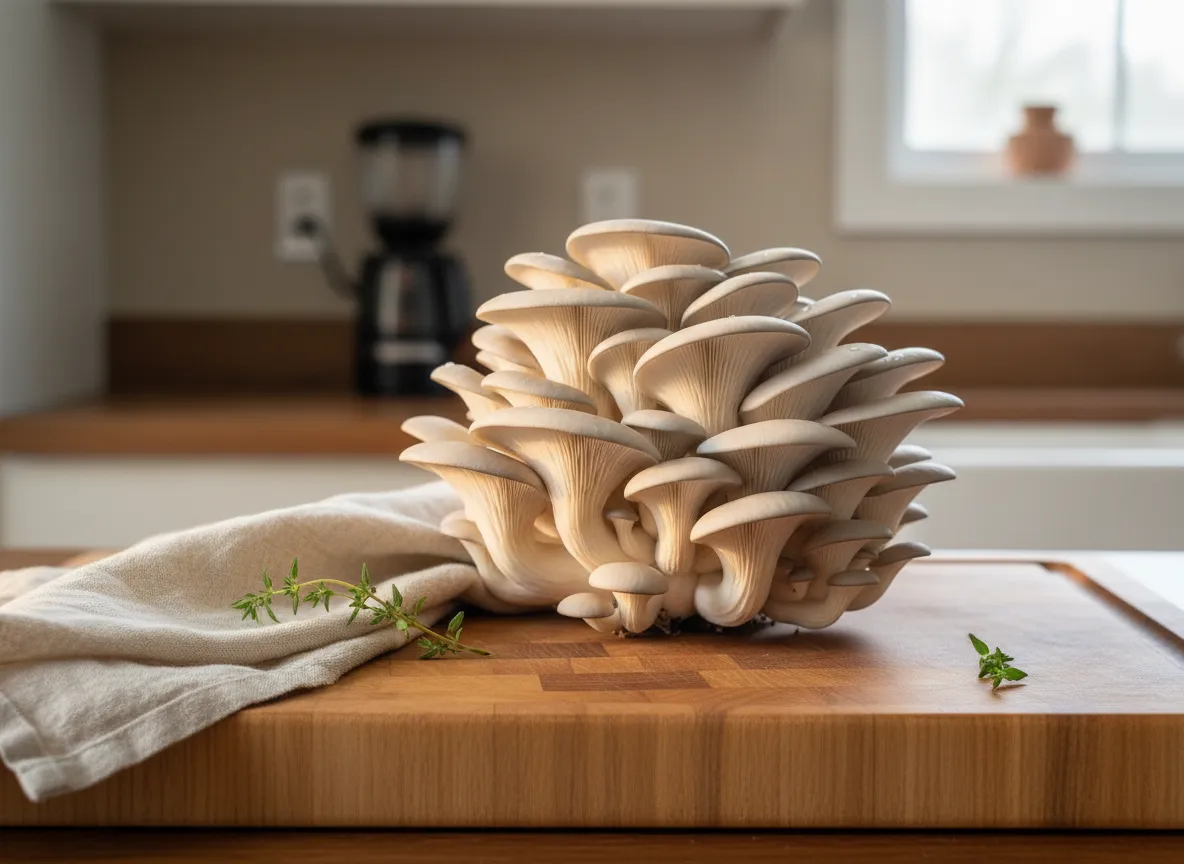 Vibrant clusters of Blue Oyster mushrooms fruiting from supplemented sawdust blocks