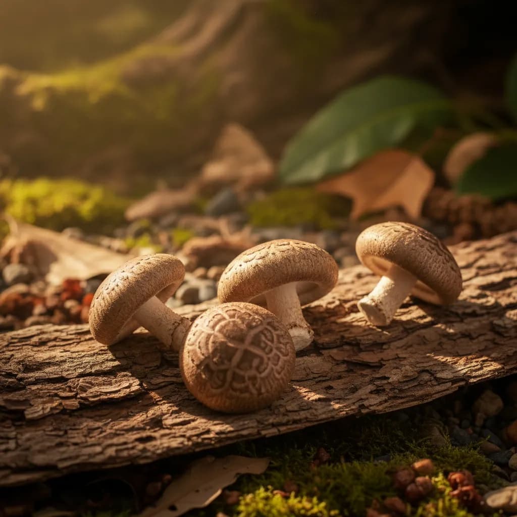 Shiitake mushrooms fruiting from a sawdust block