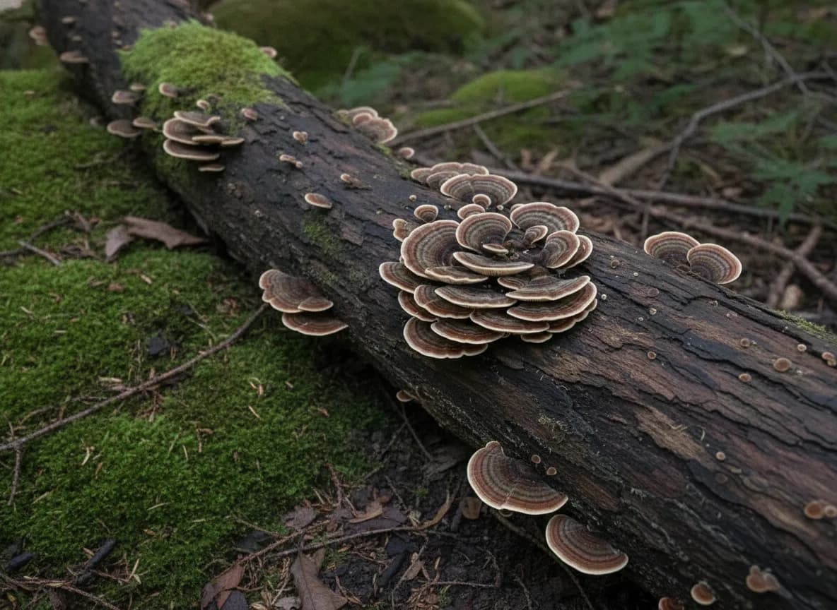 Turkey tail mushrooms growing in layered brackets along a mossy hardwood log in a shaded forest setting.