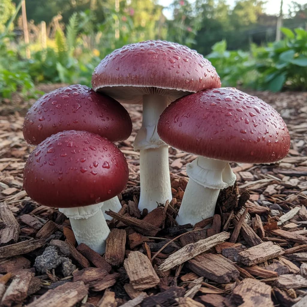 Wine cap mushrooms with rich burgundy caps fruiting from a wood chip garden bed in morning light