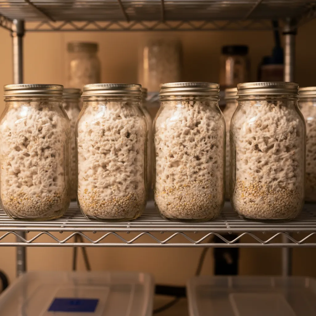 Mason jars filled with sterilized rye grain ready for mushroom spawn inoculation