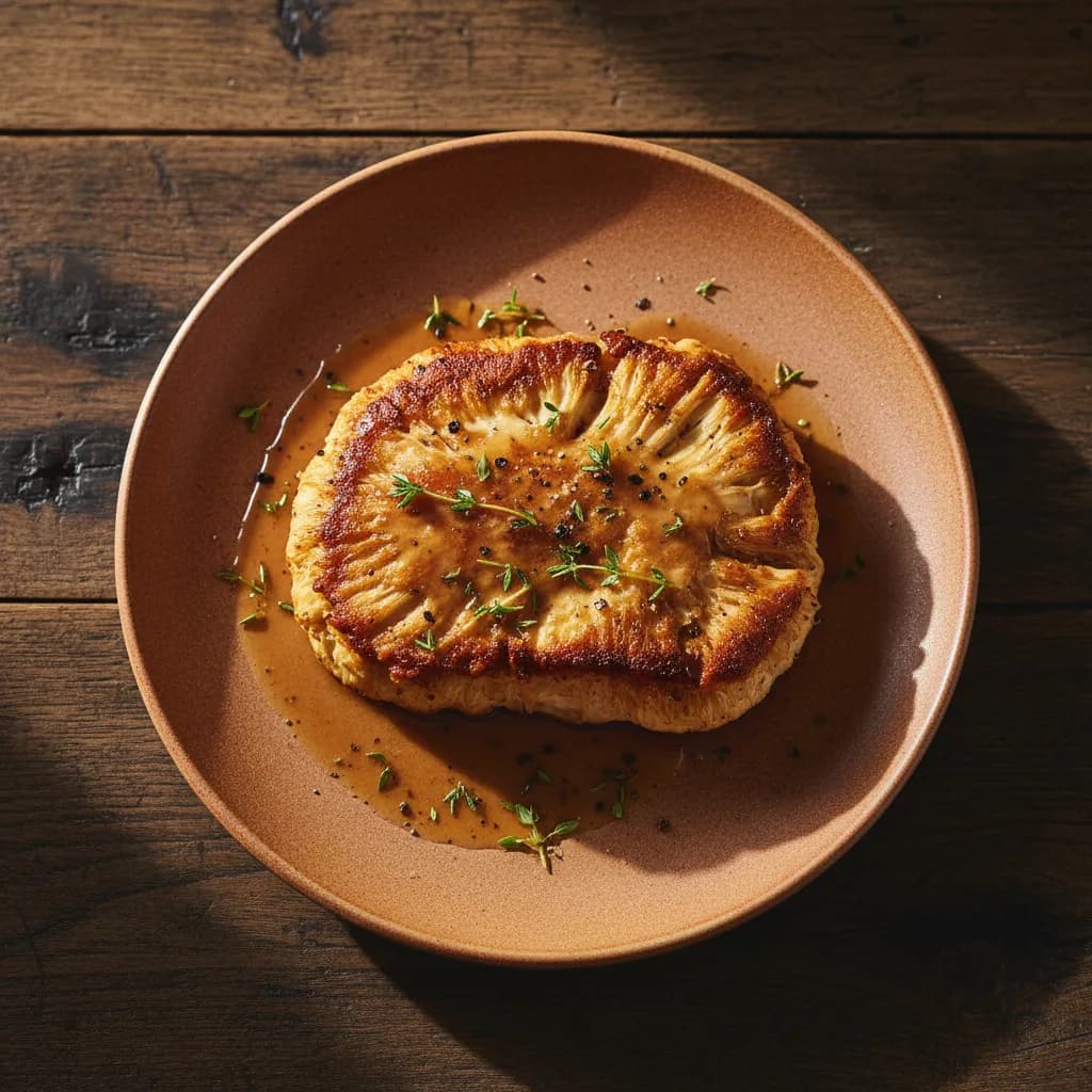Golden-seared lion's mane mushroom steaks on a plate with herbs and butter