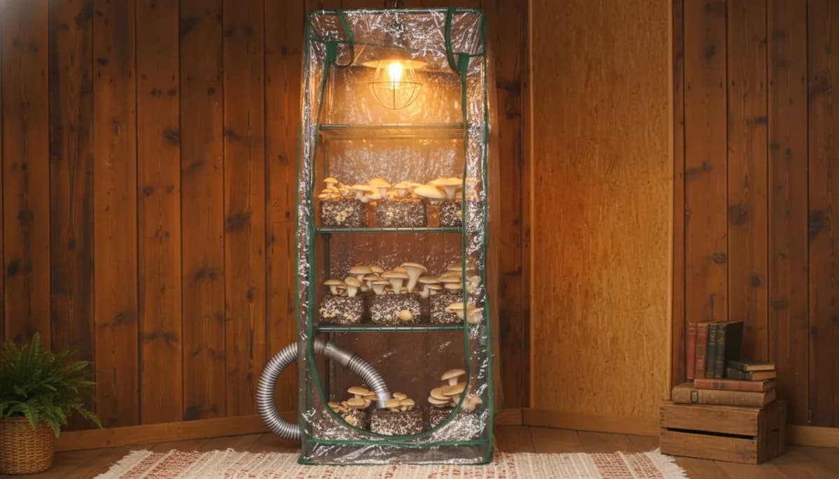 A Martha tent mushroom fruiting chamber with mushroom blocks on shelves and a humidifier running