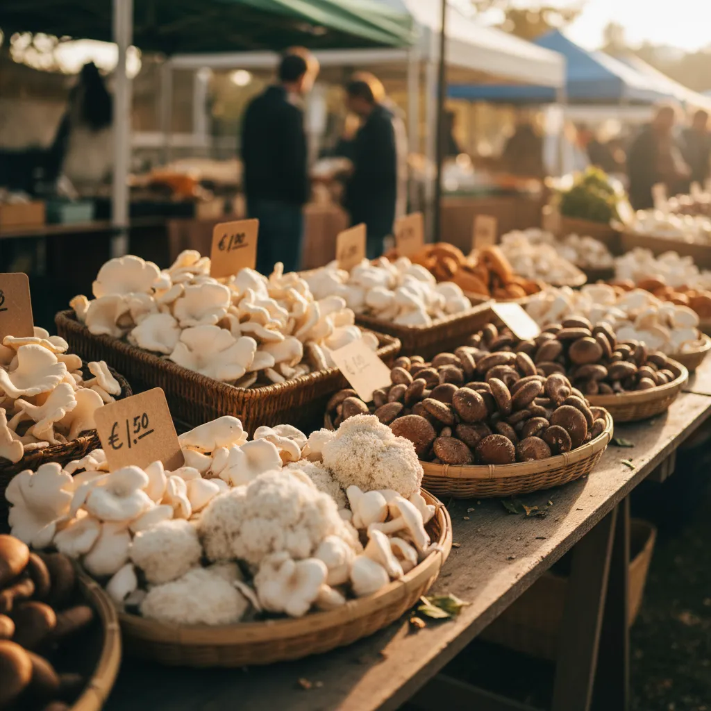 Varieties of gourmet mushrooms displayed at a Canadian farmers market booth