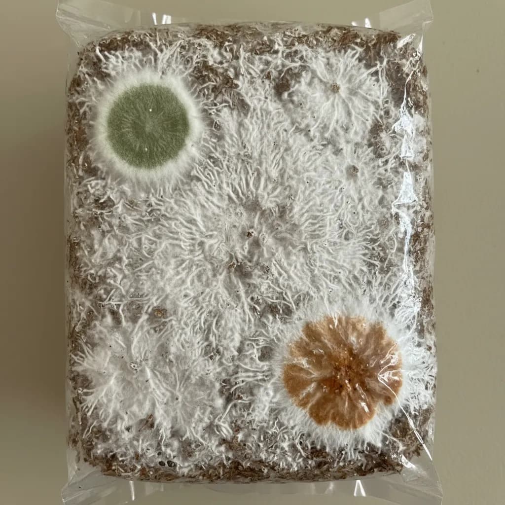 Close-up comparison of healthy white mushroom mycelium versus common contamination types