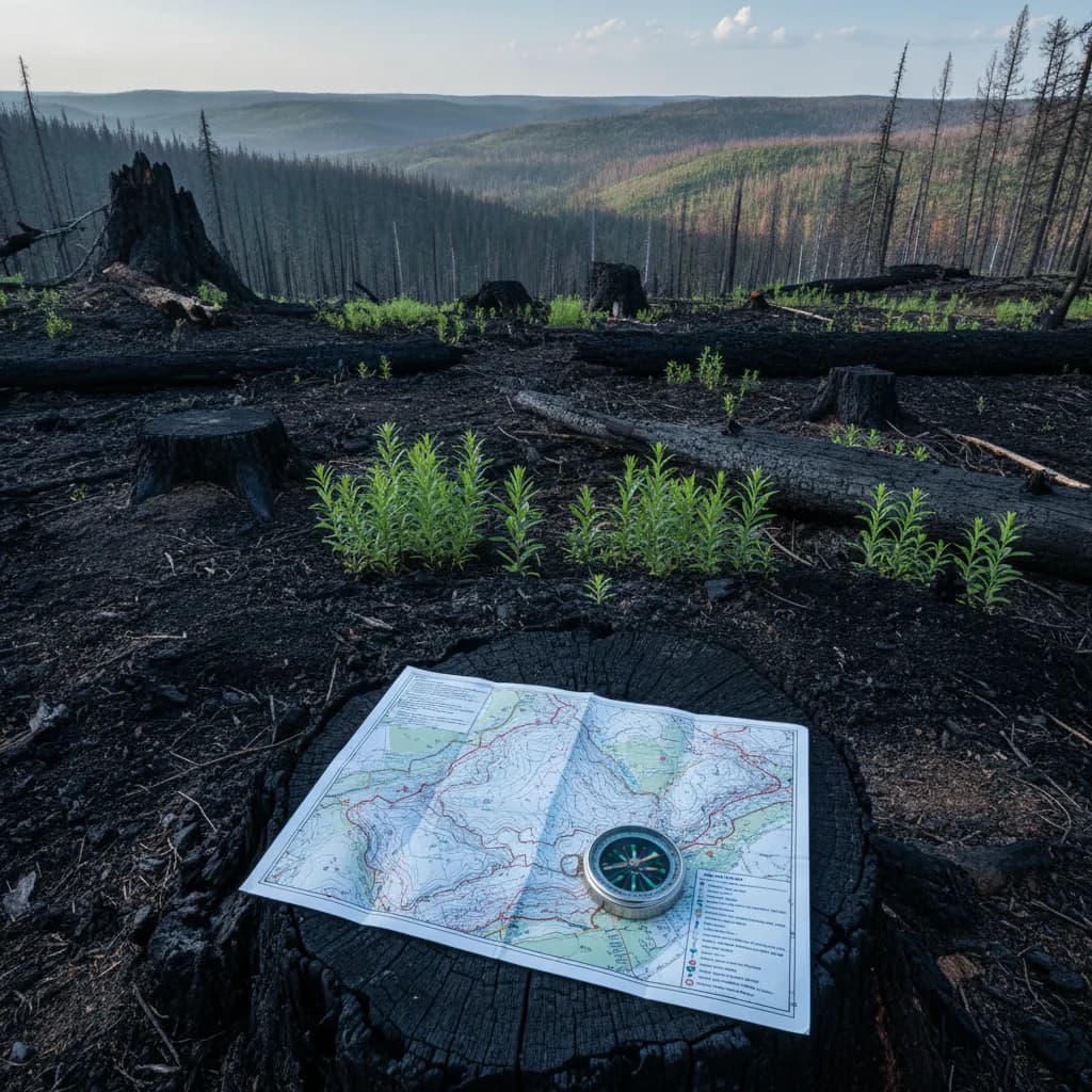 Hiking boot on a boreal Alberta trail with spruce forest and foothills in soft morning light.
