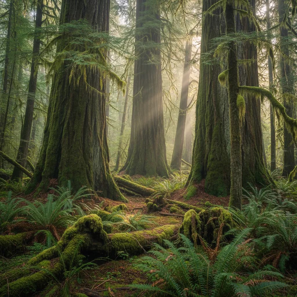 Wild chanterelle mushrooms growing on a mossy forest floor in a British Columbia old-growth forest