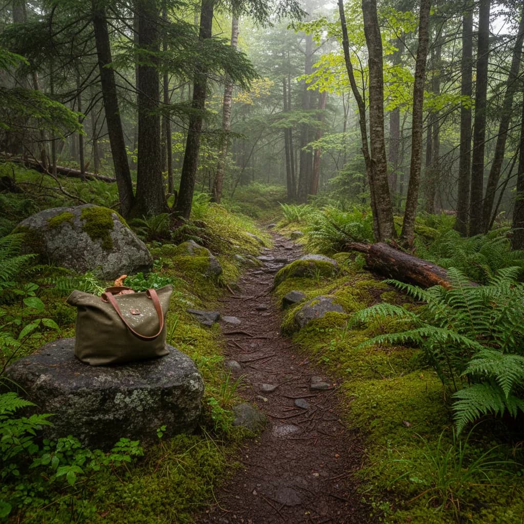 Mossy Nova Scotia forest trail with an empty basket at the path edge in soft Atlantic morning light.