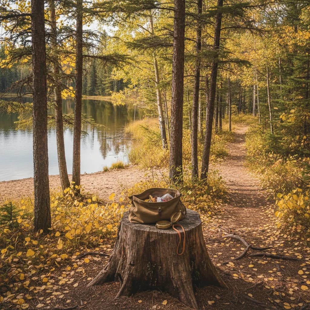 Canvas foraging bag beside a boreal lake trail with jack pine and aspen in calm Saskatchewan morning light.