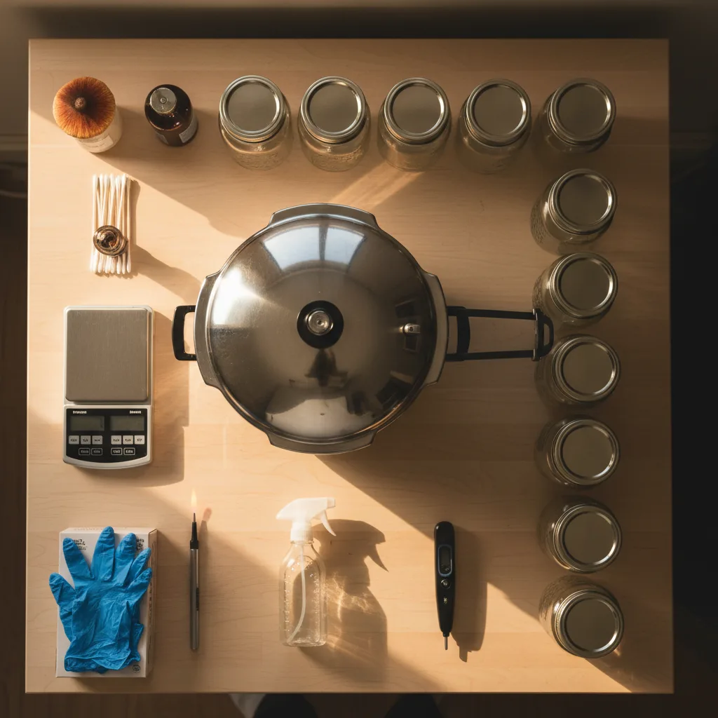 Mushroom growing equipment laid out on a workbench including pressure cooker, flow hood, and humidity controller