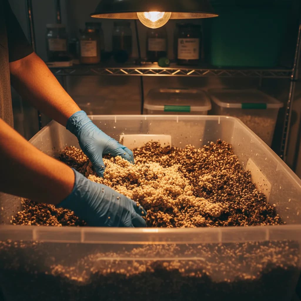 Grain spawn being mixed into bulk substrate at the correct ratio