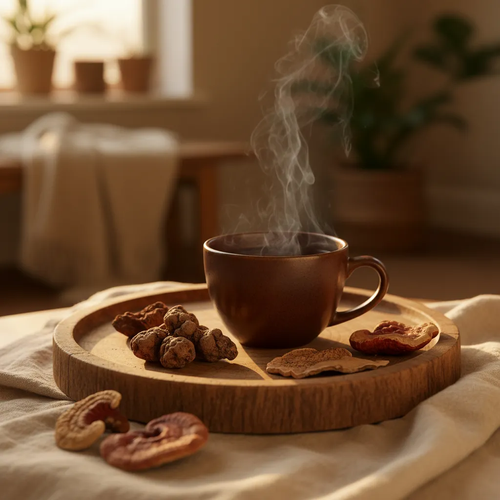 A warm cup of mushroom tea alongside dried mushroom pieces and powder