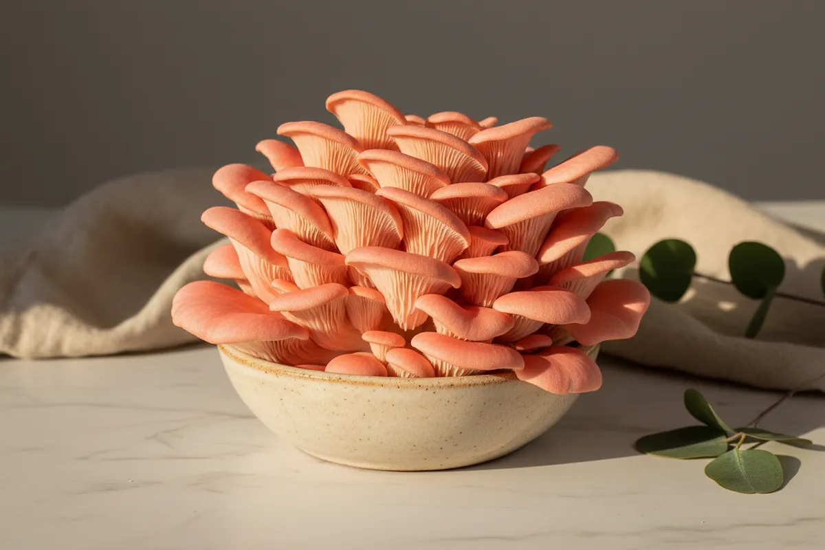 Vibrant pink oyster mushrooms fruiting from a grow bag