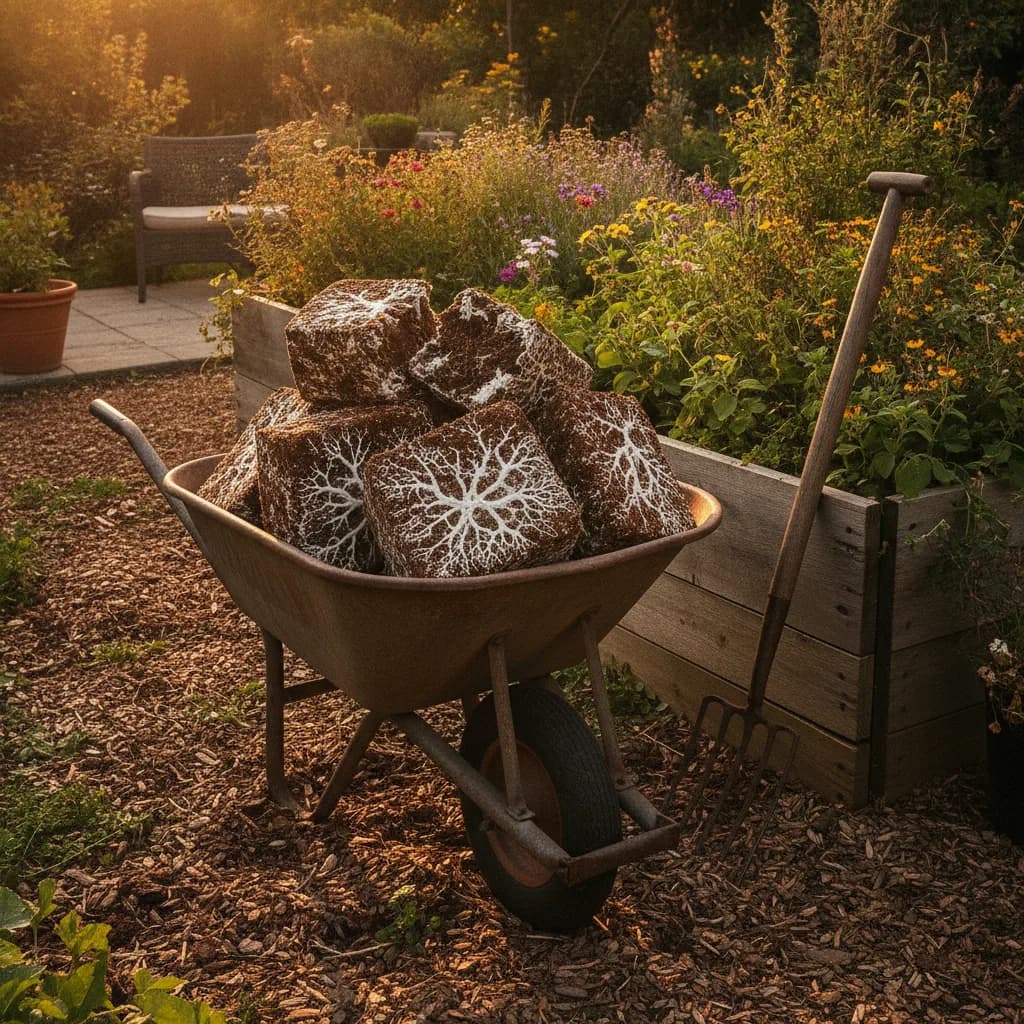 Spent mushroom substrate blocks stacked in a wheelbarrow beside a raised garden bed, ready to be composted and spread as soil amendment in a backyard garden