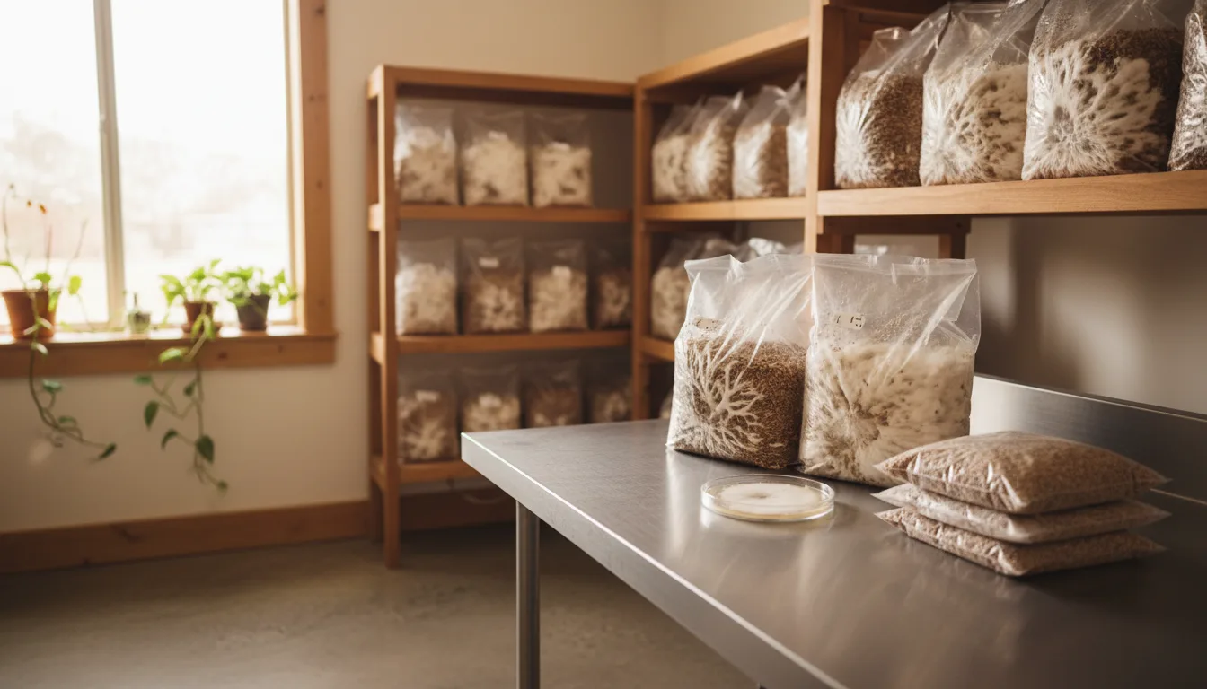 Nature Lion mycology lab with grain spawn bags