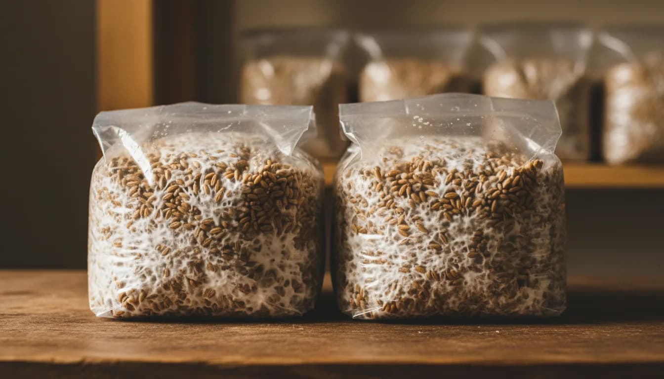 Close-up of mushroom grain spawn
