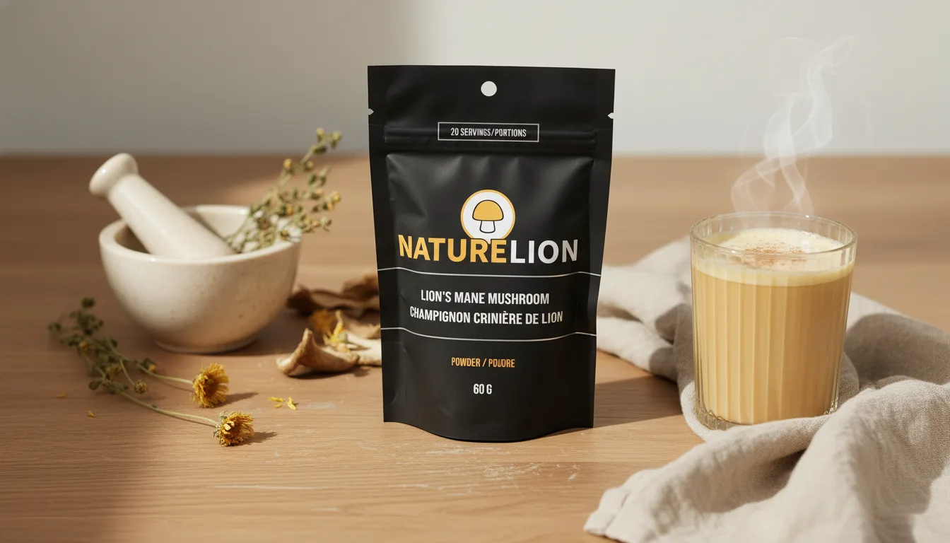 Mushroom powder being added to a smoothie