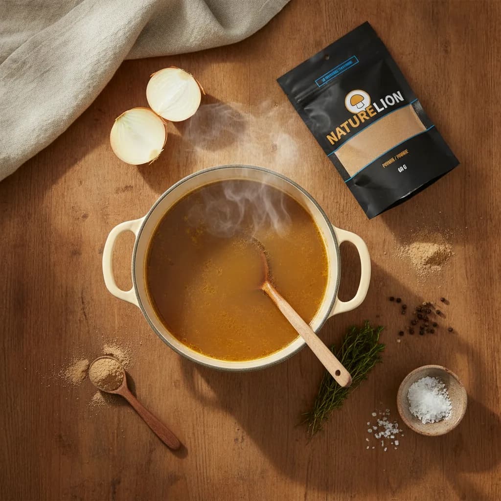 Mushroom bone broth recipe — turkey tail powder whisked into a simmering pot of roasted-bone broth