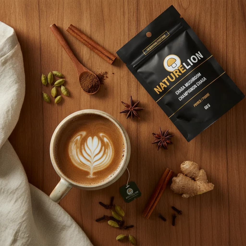 Mushroom chai latte recipe — chaga powder whisked into spiced masala chai with steamed oat milk