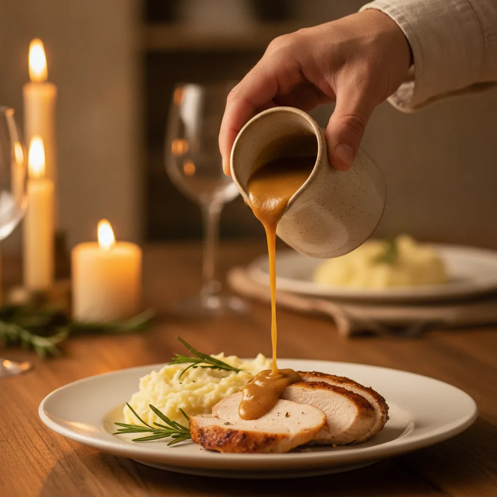 Mushroom gravy poured from a small jug over roasted poultry on a holiday dinner plate