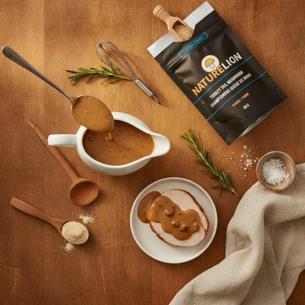 Mushroom gravy from powder — turkey tail whisked into pan drippings over roasted poultry