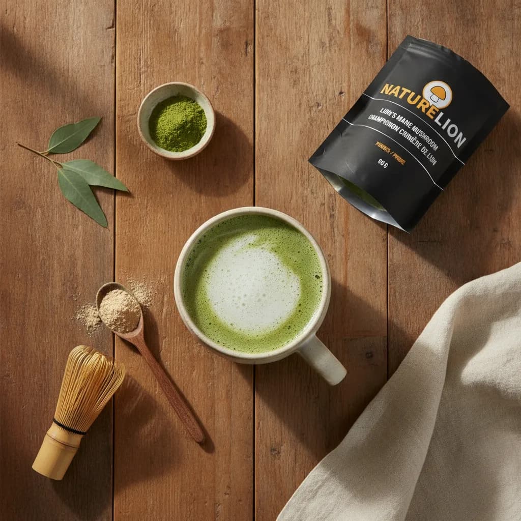 Mushroom matcha latte from powder — lion's mane and cordyceps whisked into ceremonial-grade matcha