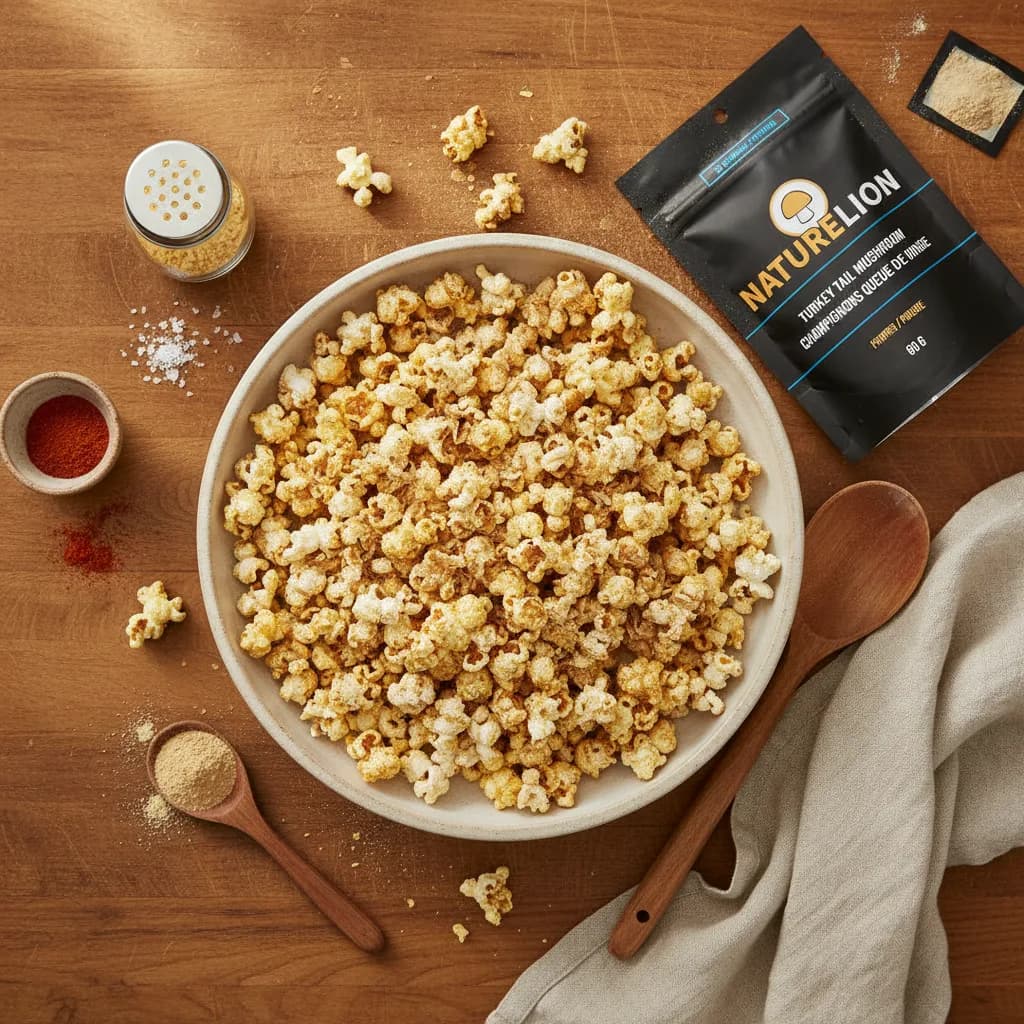 Popcorn seasoned with mushroom powder