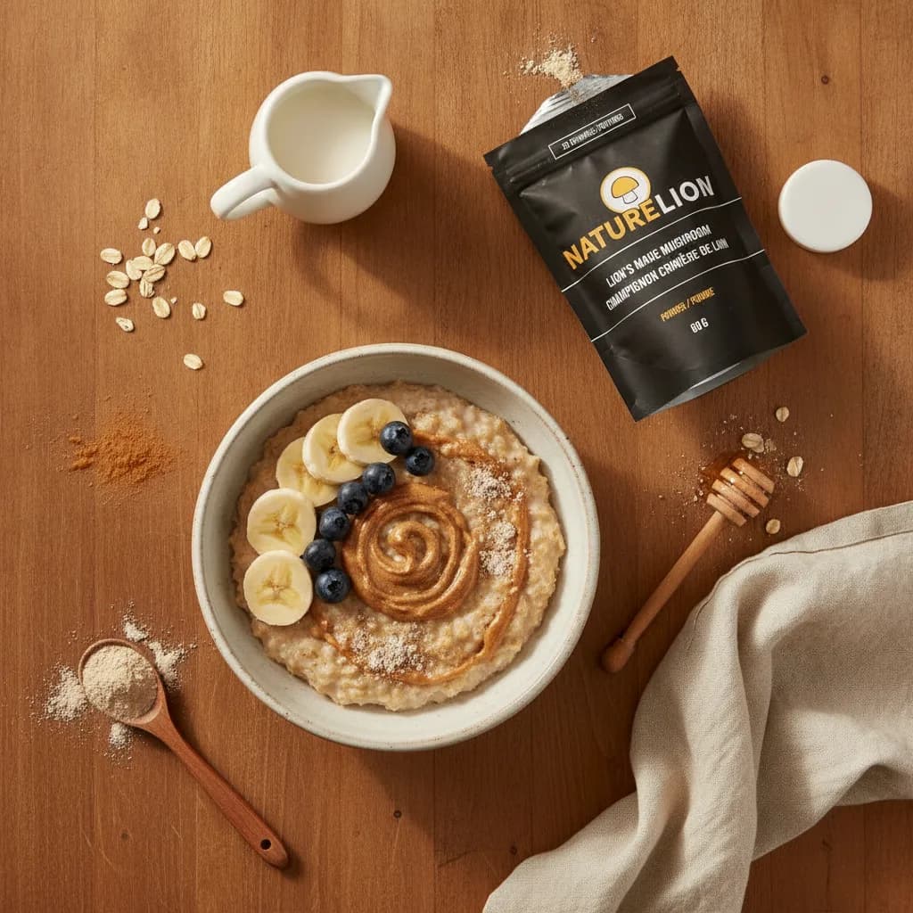 Bowl of oatmeal with mushroom powder