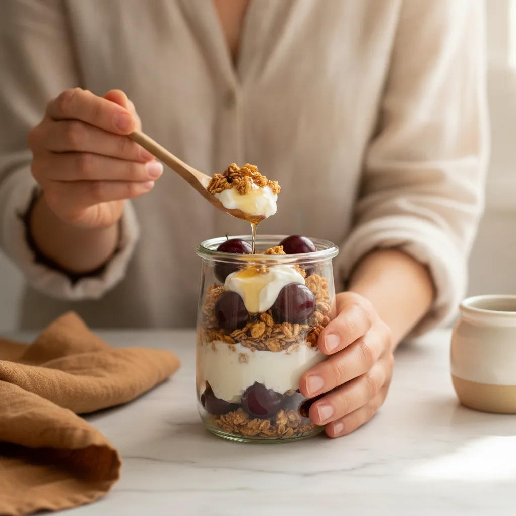 Mushroom yogurt parfait — layered Greek yogurt with cherries, granola, and a wooden spoon on a marble counter
