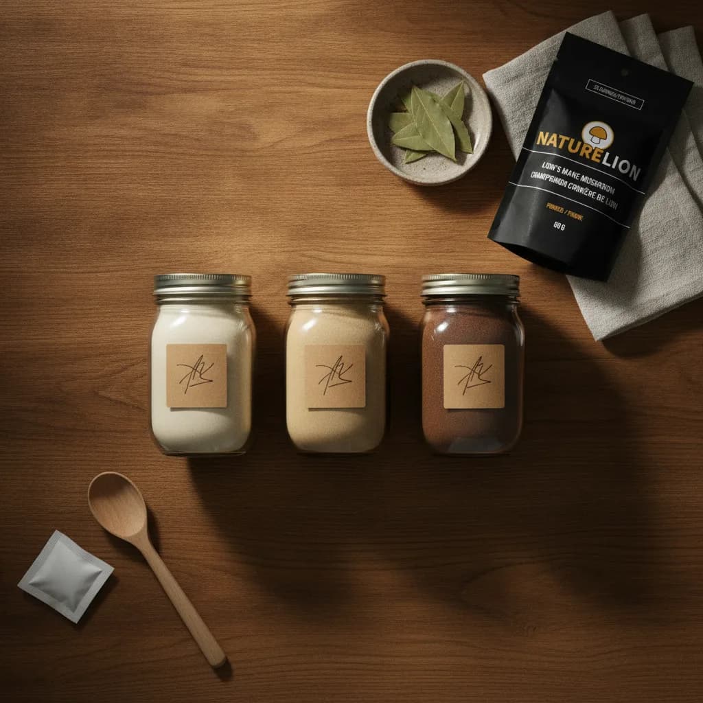 Stored mushroom powder pouches and jars