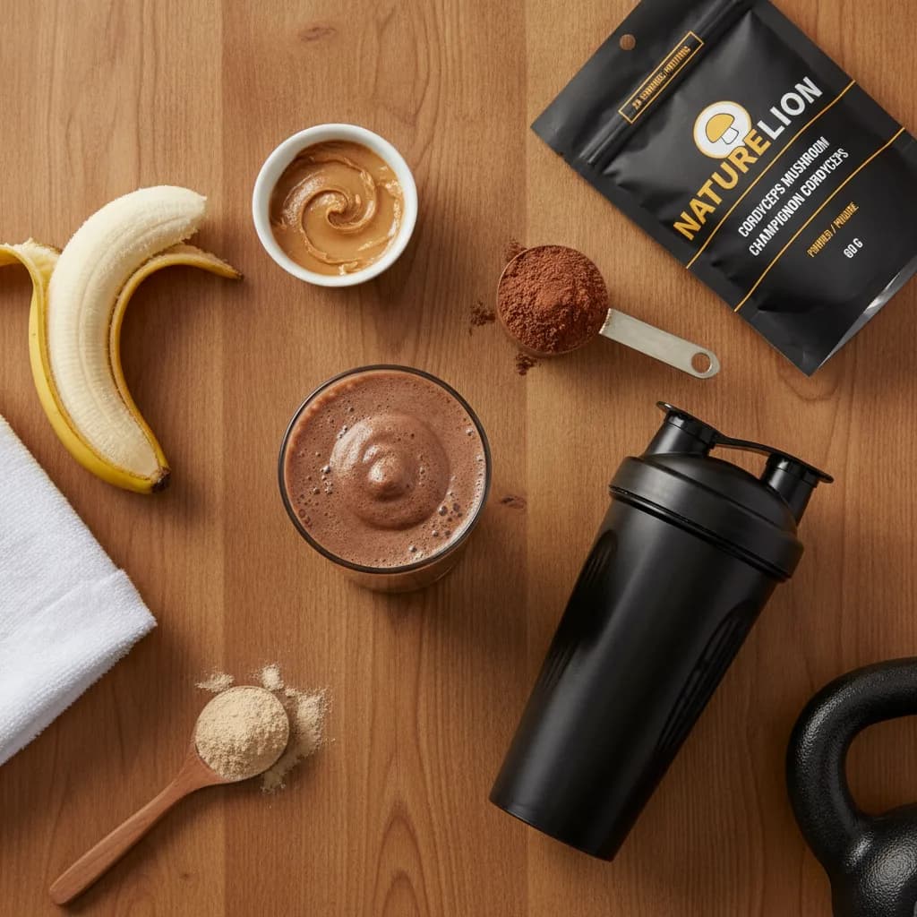 Protein shake with mushroom powder