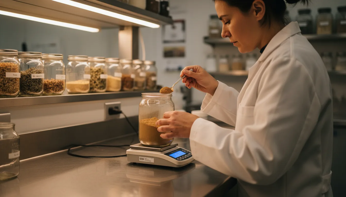 Food scientist formulating mushroom coffee blend in lab