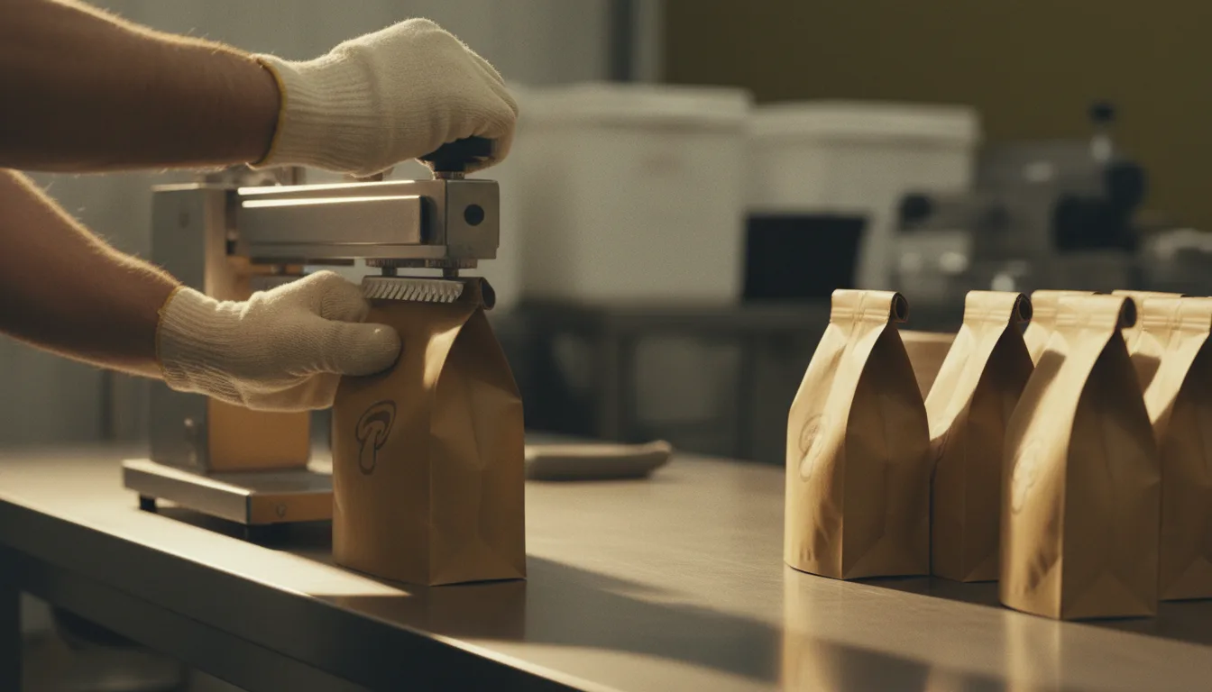 Packaging mushroom coffee pouches at Nature Lion facility