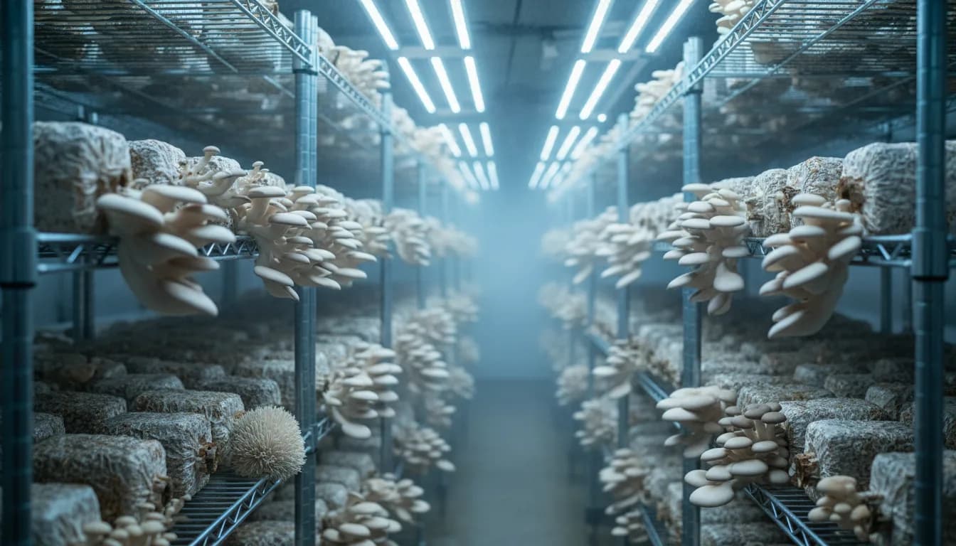 Mushroom fruiting room with oyster clusters under LED grow lights