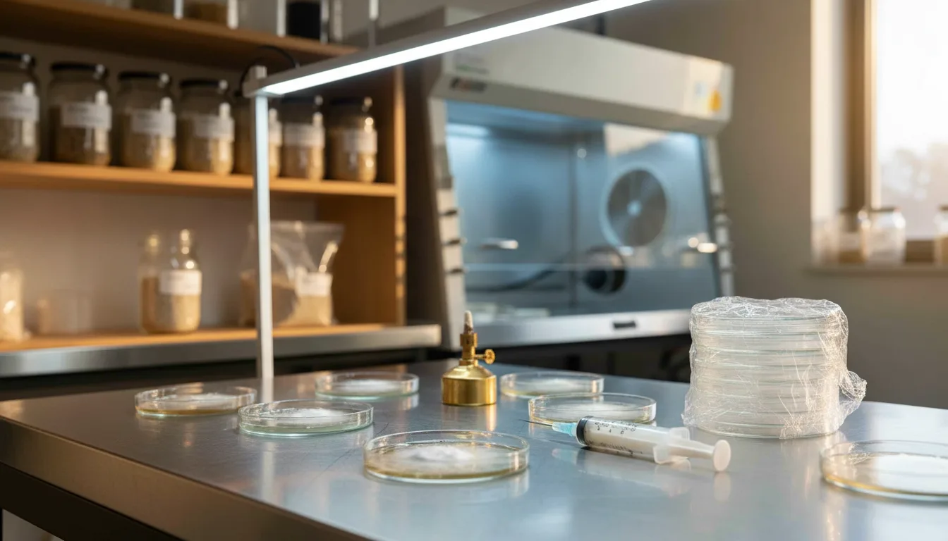 Mycology lab workbench with agar plates and flow hood