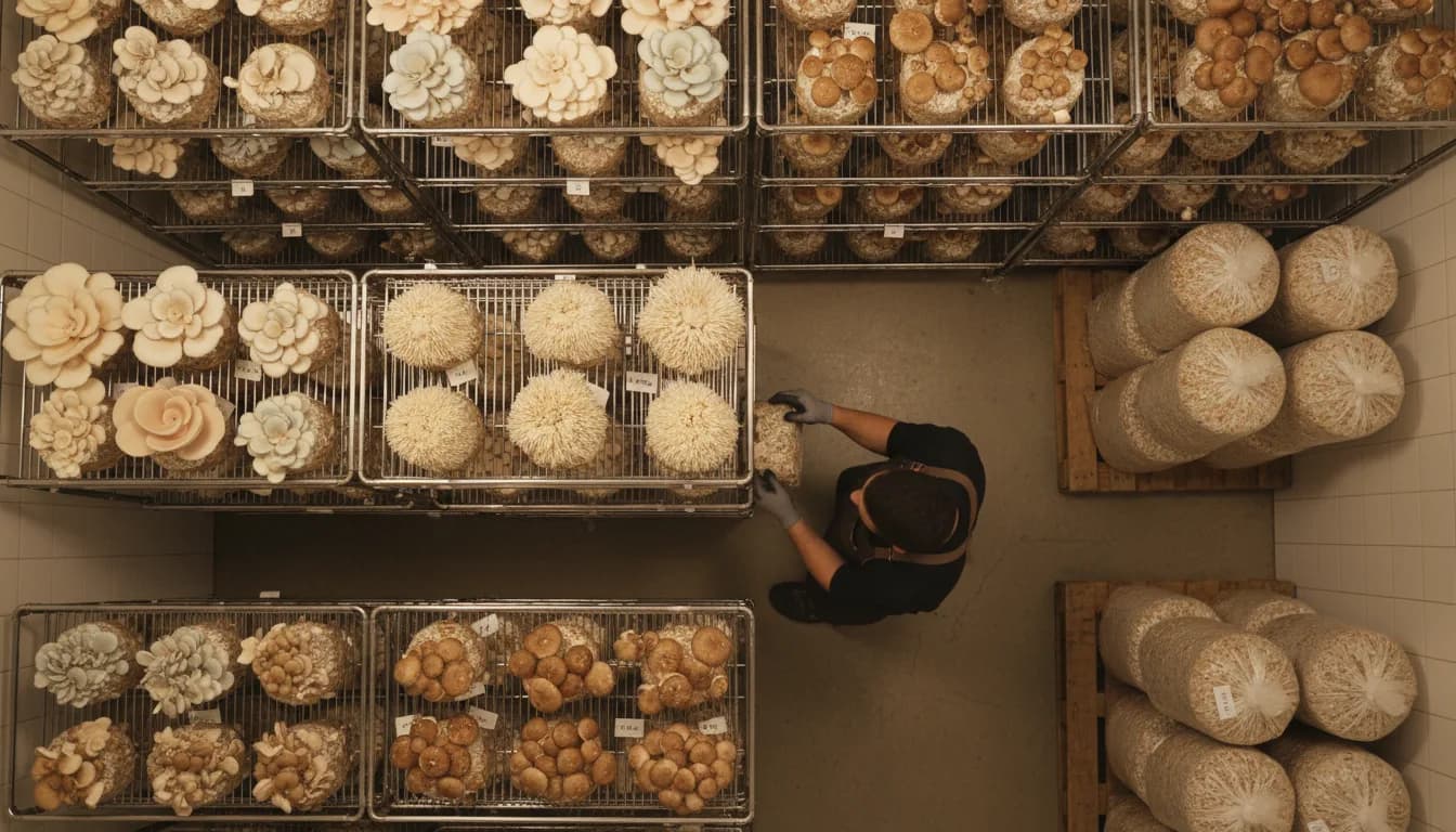 Overhead view of Nature Lion mushroom growing operation