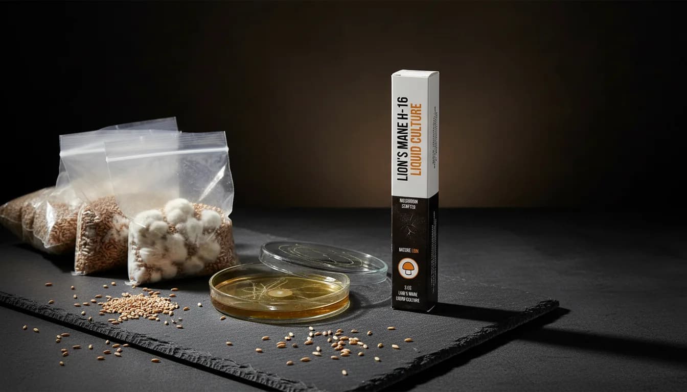 Nature Lion liquid culture syringe, spawn bags, and agar plate