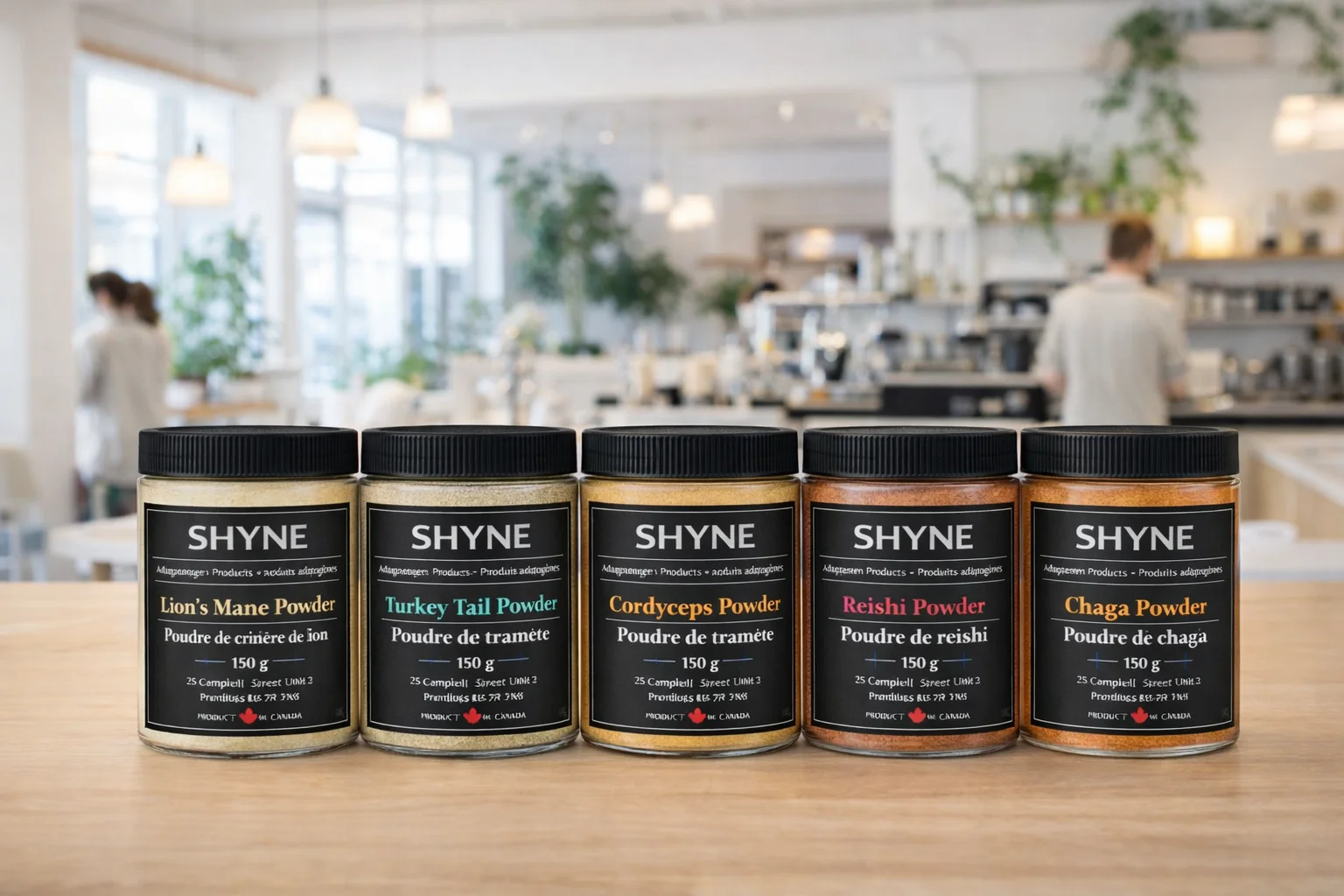 Five adaptogen jars for behind the counter use