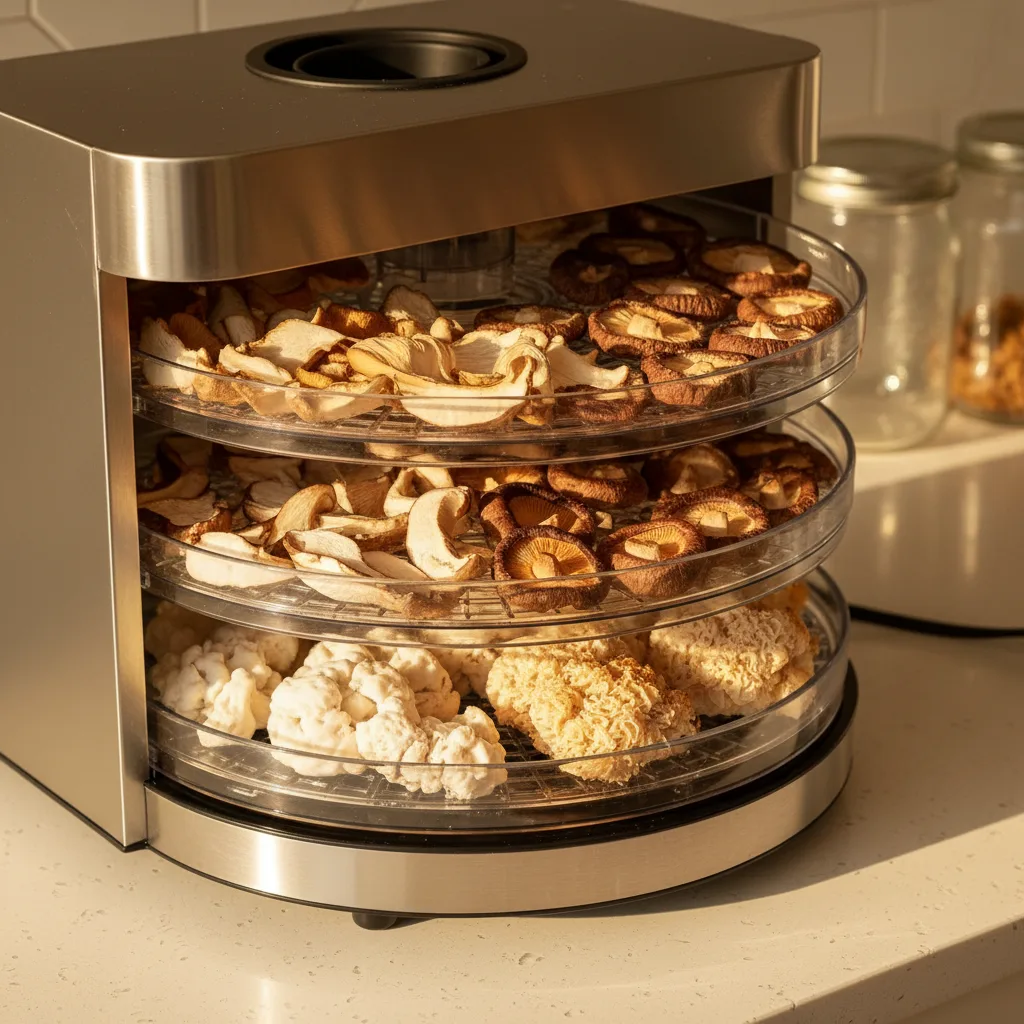Freshly harvested mushrooms being loaded into a food dehydrator for drying