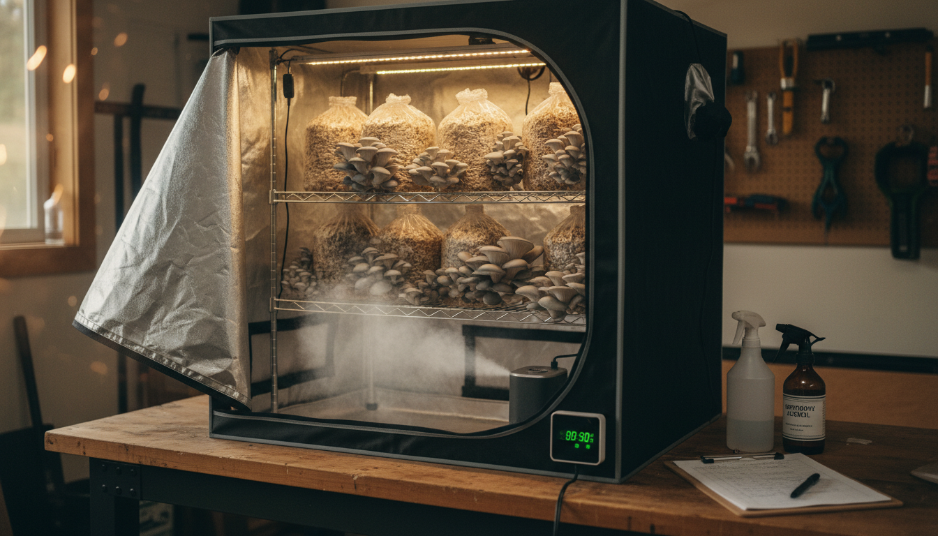Mushroom fruiting grow tent with oyster mushrooms on wire racks, ultrasonic humidifier creating mist