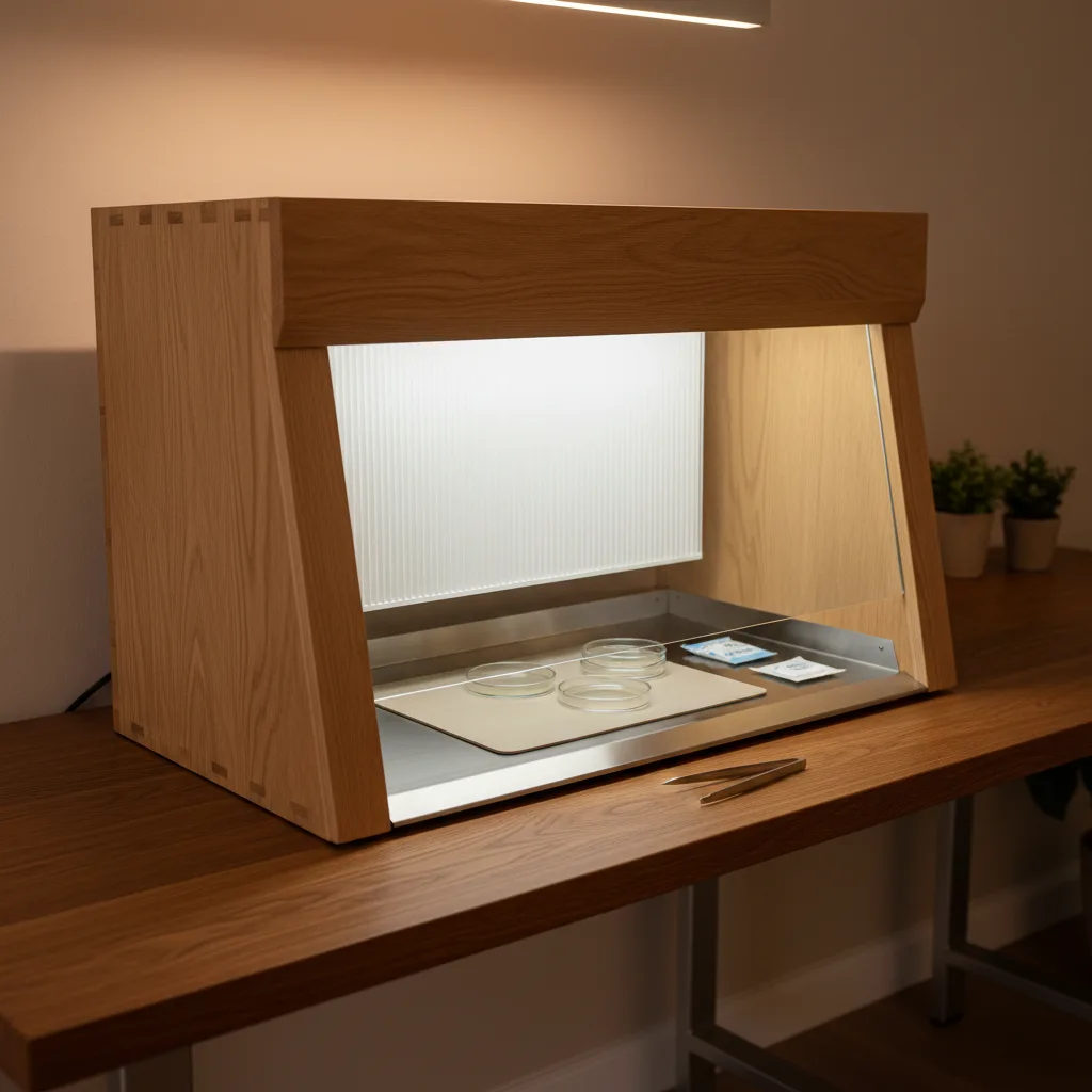 A laminar flow hood with HEPA filter running on a workbench with agar plates and mushroom cultures
