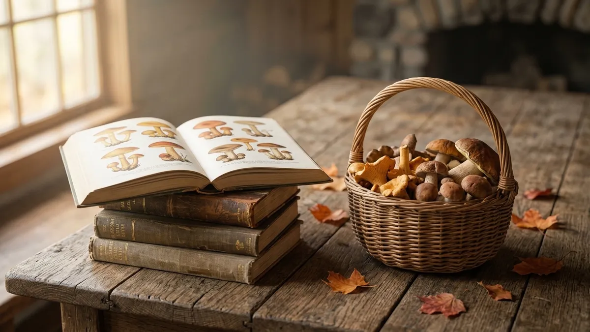 A stack of mushroom field guides and cultivation references on a wooden table beside a basket of foraged mushrooms